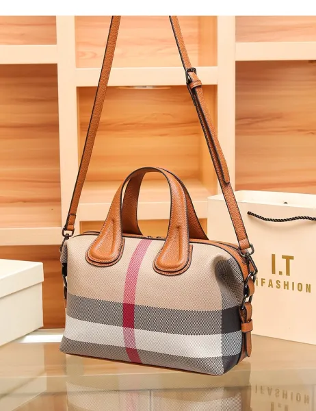 Burberry Check Pattern Boston Bag Beige Brown Handbag - 23