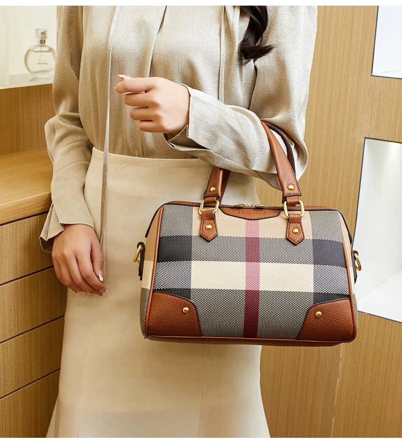 Burberry Check Print Boston Bag in Beige and Brown - 11