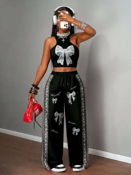 Design California 23 Graphic Crop Top and Wide-Leg Sweatpants Set Black - 24