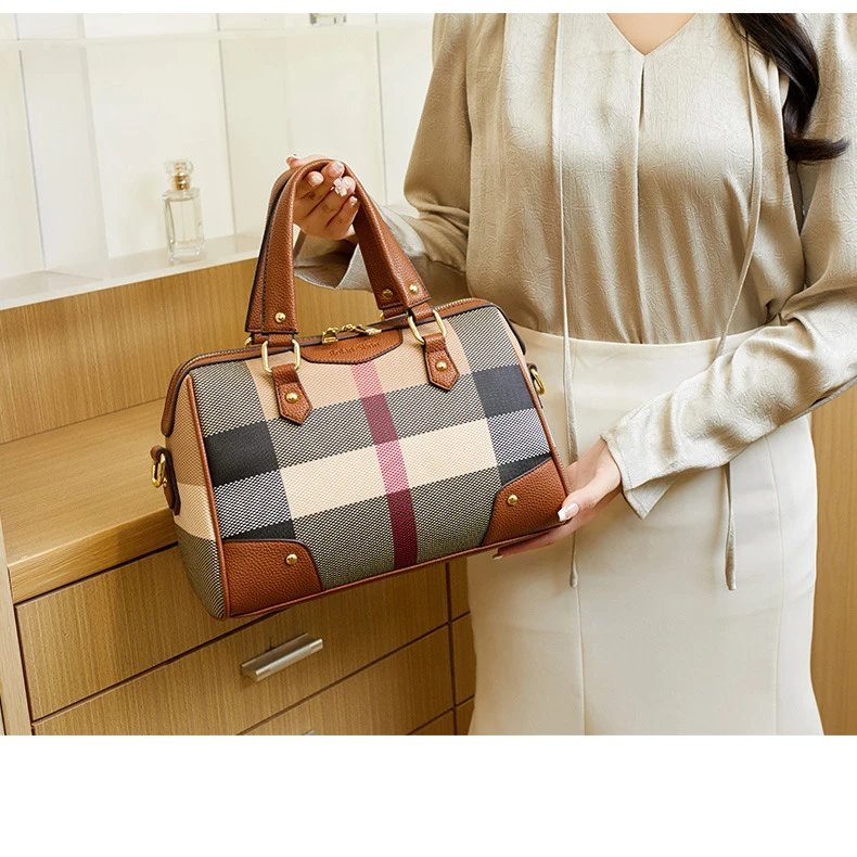 Burberry Check Print Boston Bag in Beige and Brown - 15