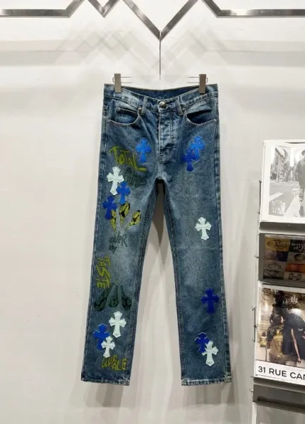 Chrome Hearts Cross-Embroidered Distressed Denim Jeans Blue - 1