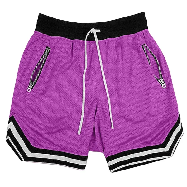 Design Mesh Shorts with Zipper Pockets and Striped Hem in Pale Yellow - 25