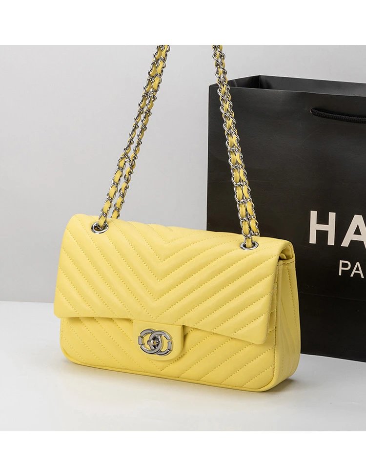 Chanel Classic Flap Bag Yellow Chevron Quilted Chain Shoulder Bag - 9