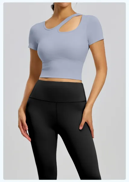 Design Cut-Out Crop Top and High-Waist Leggings Set in Ballet Pink + Gray Lake Blue Activewear - 26