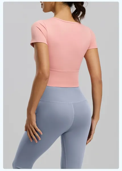 Design Cut-Out Crop Top and High-Waist Leggings Set in Ballet Pink + Gray Lake Blue Activewear - 29
