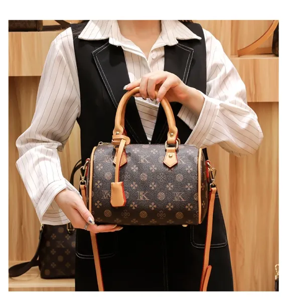 Design Boston Bag with Monogram Print Brown and Beige Handbag - 13