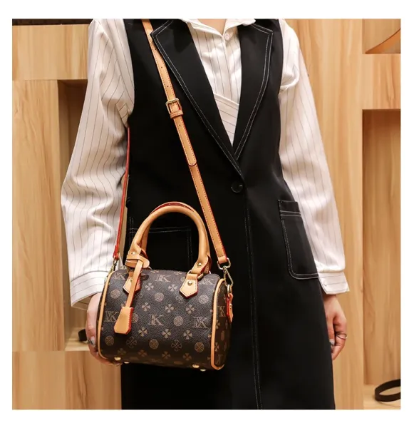 Design Boston Bag with Monogram Print Brown and Beige Handbag - 19