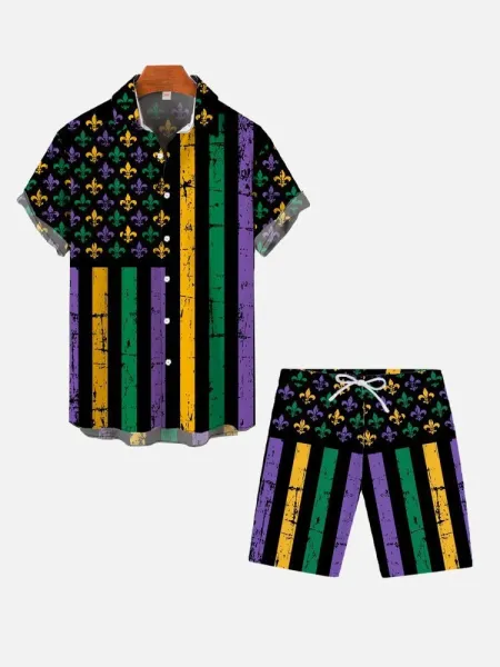 Design Mardi Gras Fleur-de-Lis Print Short-Sleeve Shirt and Shorts Set Multicolor Sets - 7