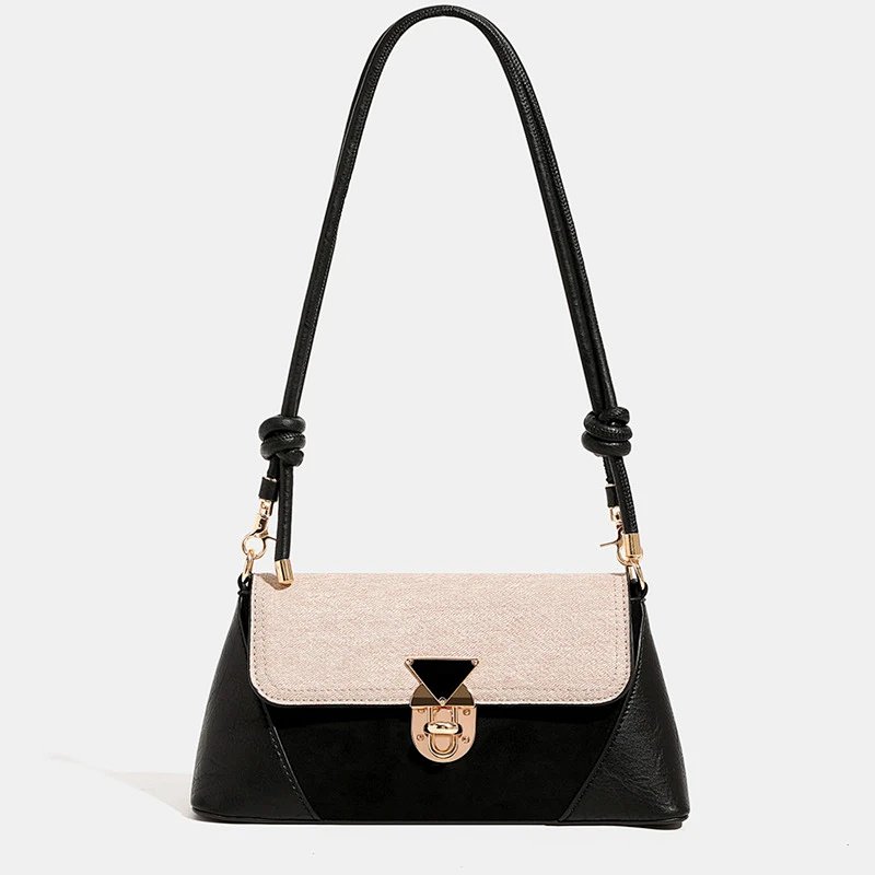 Two-Tone Knot Strap Shoulder Bag Black Beige