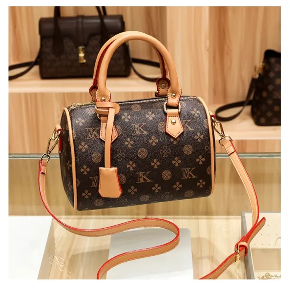 Design Boston Bag with Monogram Print Brown and Beige Handbag - 29