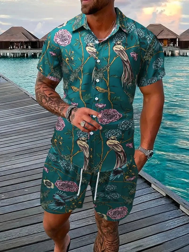 Design Hawaiian Print Button-Up Shirt Navy Yellow Shorts Set - 22