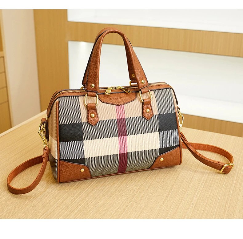 Burberry Check Print Boston Bag in Beige and Brown - 5