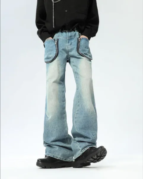 Design Wide-Leg Zipper Pocket Denim Jeans - 1