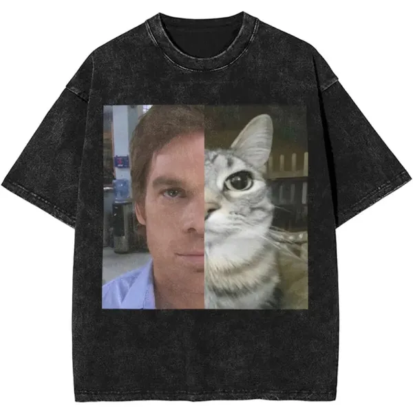 Design Split-Face Cat and Man Graphic T-Shirt Black - 1