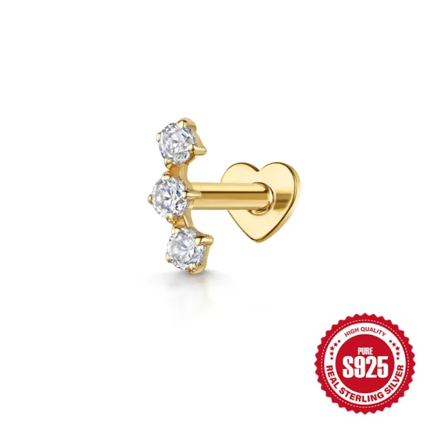 Design S925 Sterling Silver Heart Labret with Three Cubic Zirconia Earrings Jewelry - 1