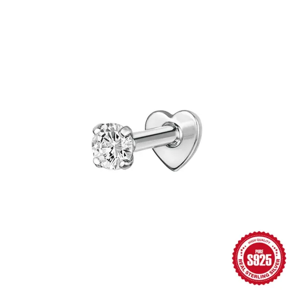 Design Sterling Silver Heart Back Lab-Created Cubic Zirconia Nose Stud Jewelry - 1