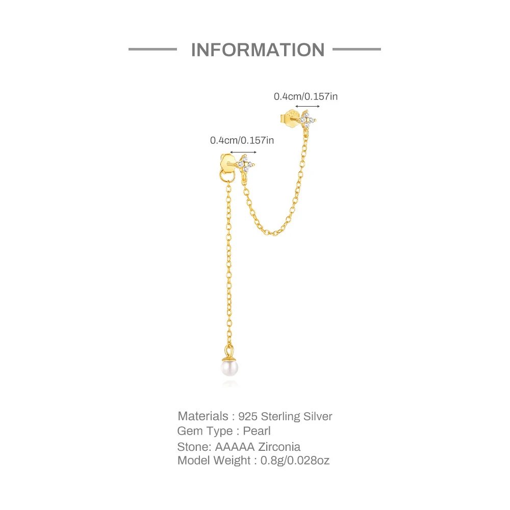 Design S925 Sterling Silver Gold-Plated Pearl Drop Chain Earrings Jewelry - 7