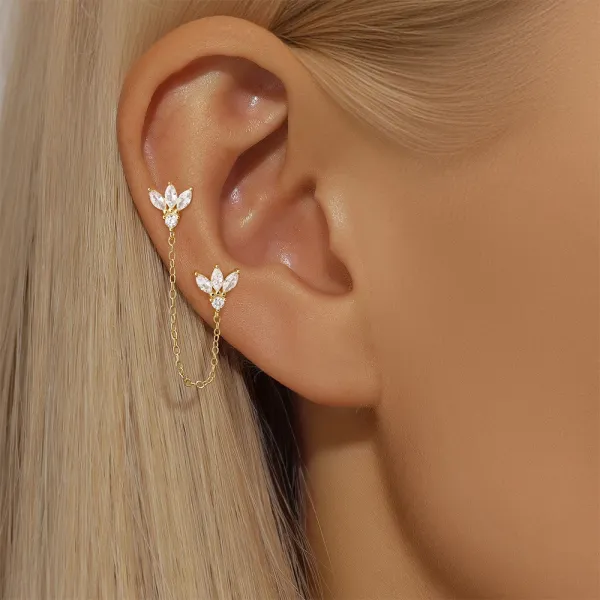 Design S925 Sterling Silver Gold-Plated Pearl Drop Chain Earrings Jewelry - 14