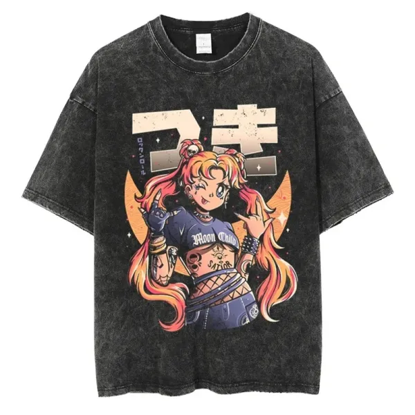Design Sailor Moon Punk Graphic Washed Black T-Shirt - 1