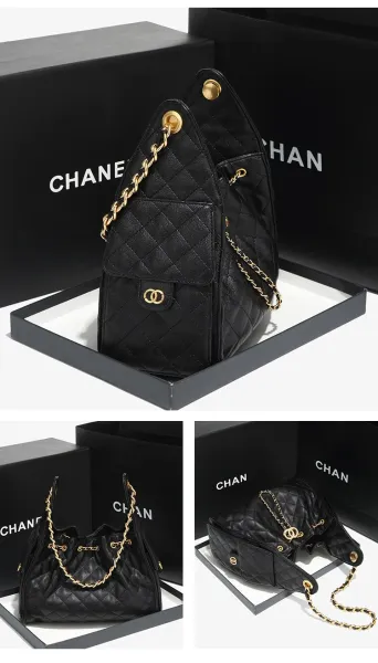 Chanel Quilted Bucket Bag Black with Gold Hardware Handbags - 17