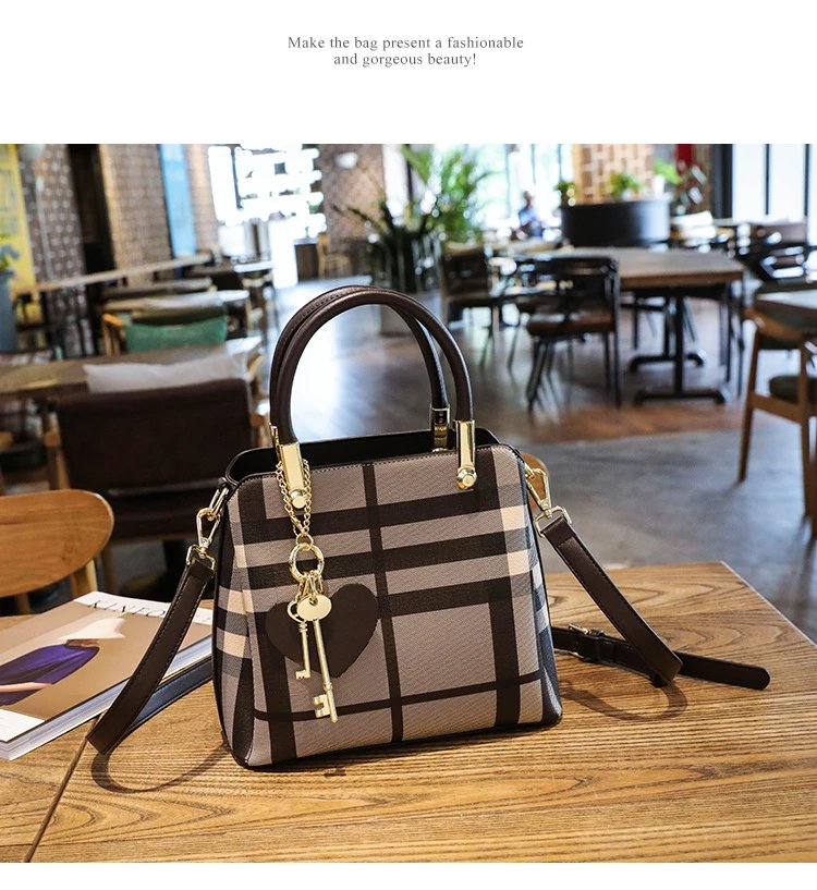 Design Black and Beige Plaid Handbag - 22