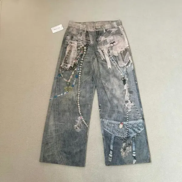Design Distressed Embellished Lace & Pearl Cropped Jeans - 1