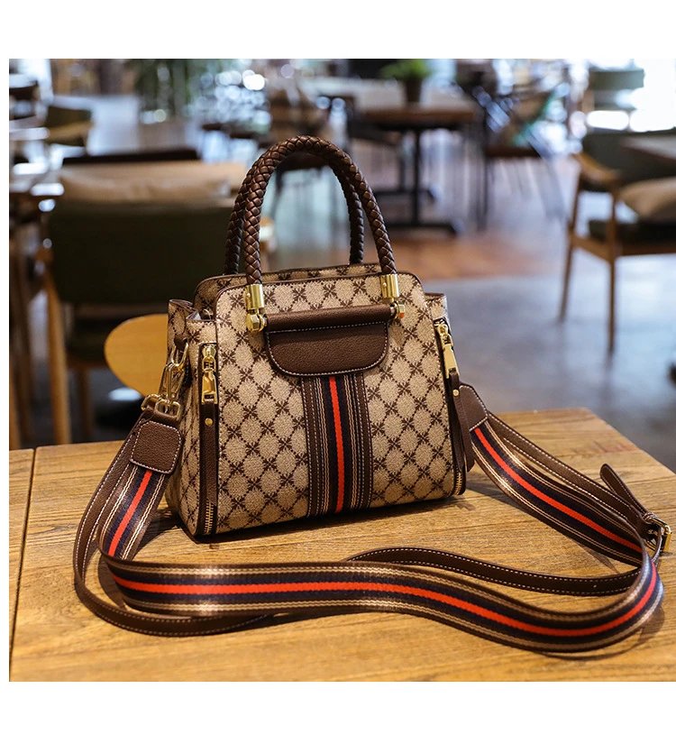 Design Quilted Diamond Pattern Handbag with Striped Strap Beige Brown Red Handbag - 26