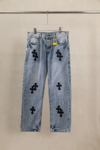 Chrome Hearts Cross Embroidered Light Wash Jeans - 1