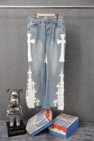 Denim Tears Cross-Embroidered Distressed Light Wash Jeans - 1