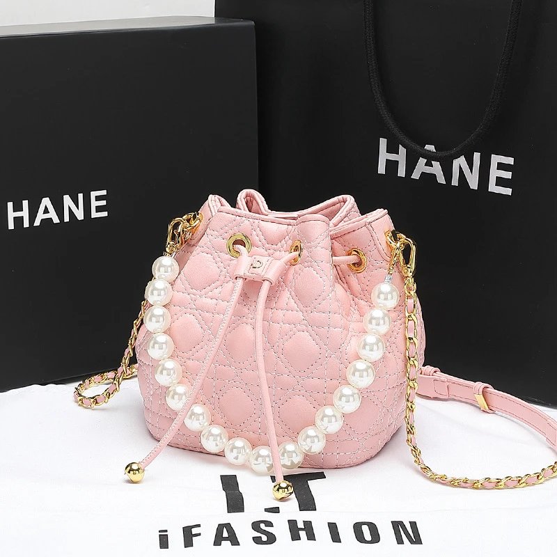 HANE Quilted Pearl-Embellished Pink Bucket Bag Handbags