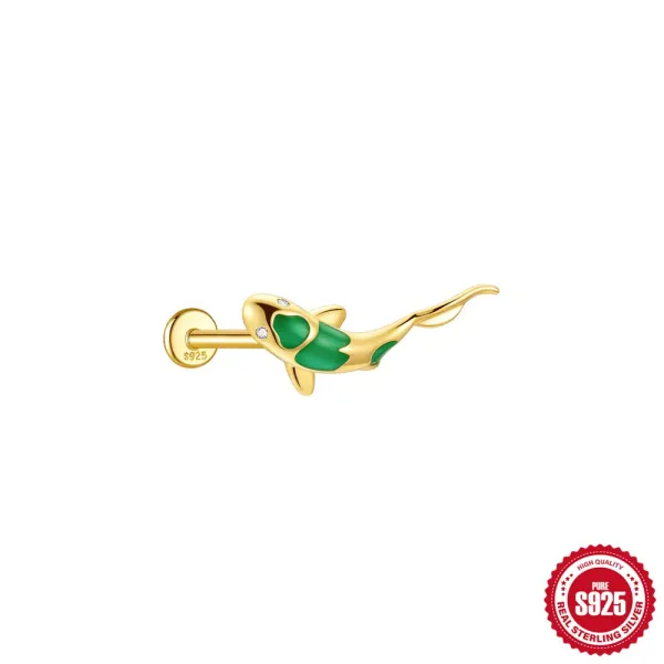 Design S925 Sterling Silver Whale Labret Piercing in Gold Plating with Green Enamel and Cubic Zirconia Jewelry - 1