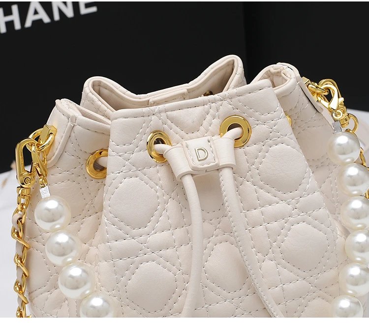 HANE Quilted Pearl-Embellished Pink Bucket Bag Handbags - 17