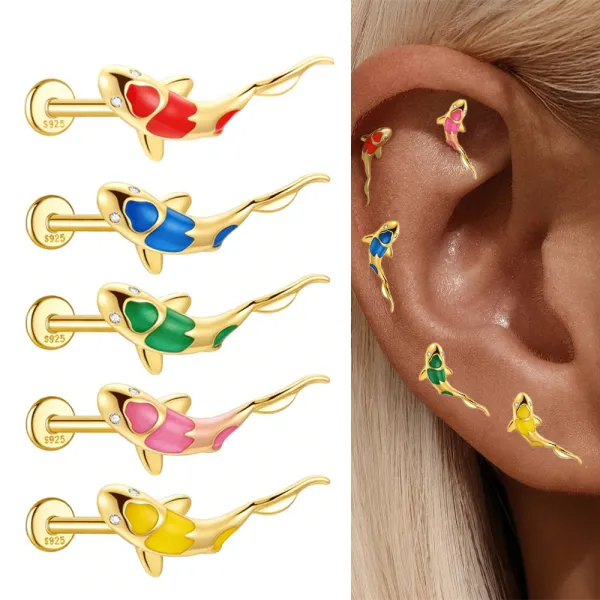 Design S925 Sterling Silver Pink Koi Fish Labret Piercing Jewelry - 6