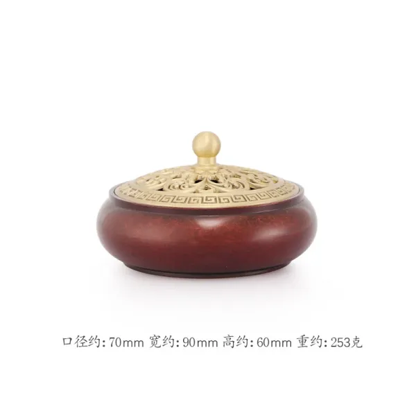 Design Traditional Chinese Incense Burner Wooden Base Brass Lid Red Brown Accessories - 1