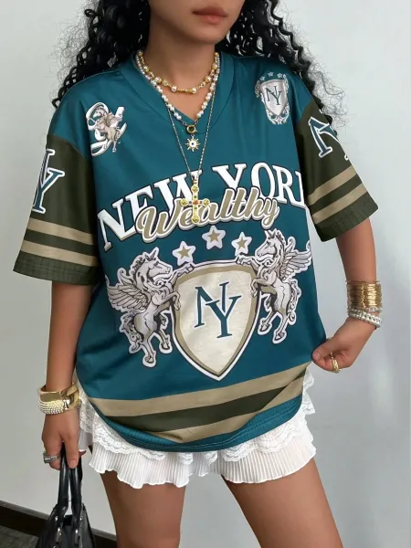 Design Religious Icon Graphic Oversized T-Shirt with Lace Hem in Brown Multicolor - 16