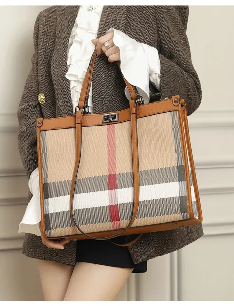 Burberry Check Tote Bag Beige Brown Grid Handbag - 12