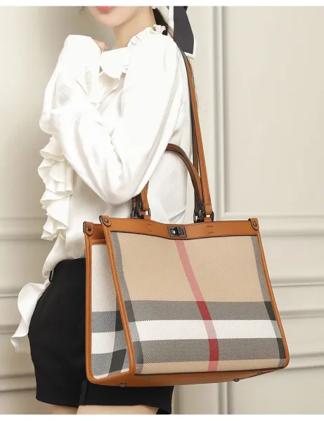 Burberry Check Tote Bag Beige Brown Grid Handbag - 16
