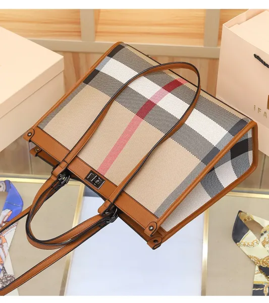Burberry Check Tote Bag Beige Brown Grid Handbag - 22