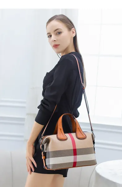 Burberry Check Pattern Boston Bag Beige Brown Handbag - 12