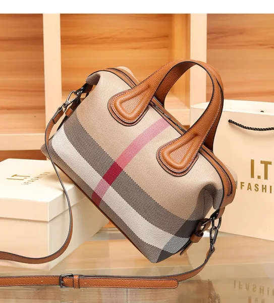 Burberry Check Pattern Boston Bag Beige Brown Handbag - 19