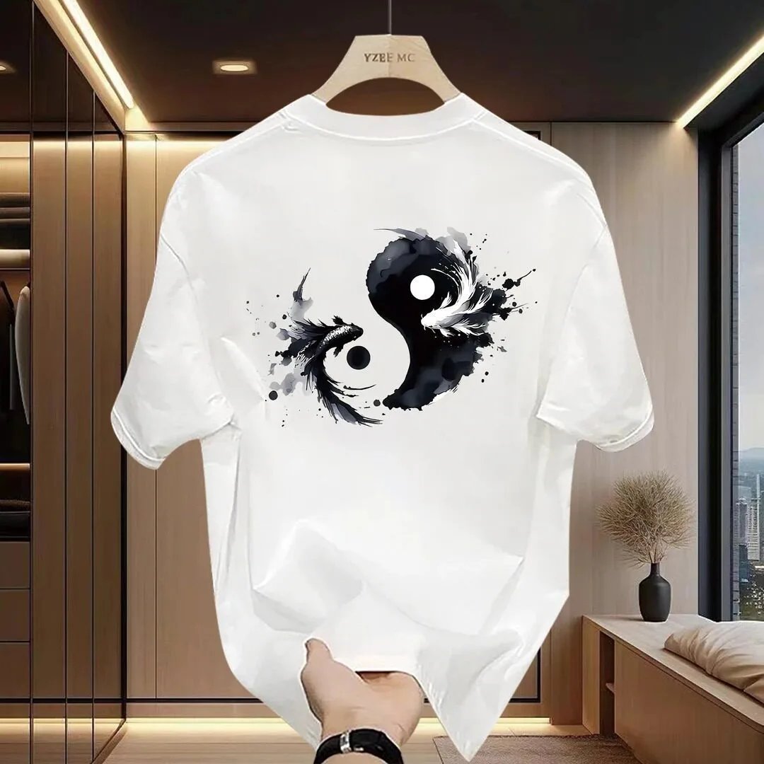 Design YZBE MC Yin Yang Koi Fish Print White T-Shirt T-Shirts - 8