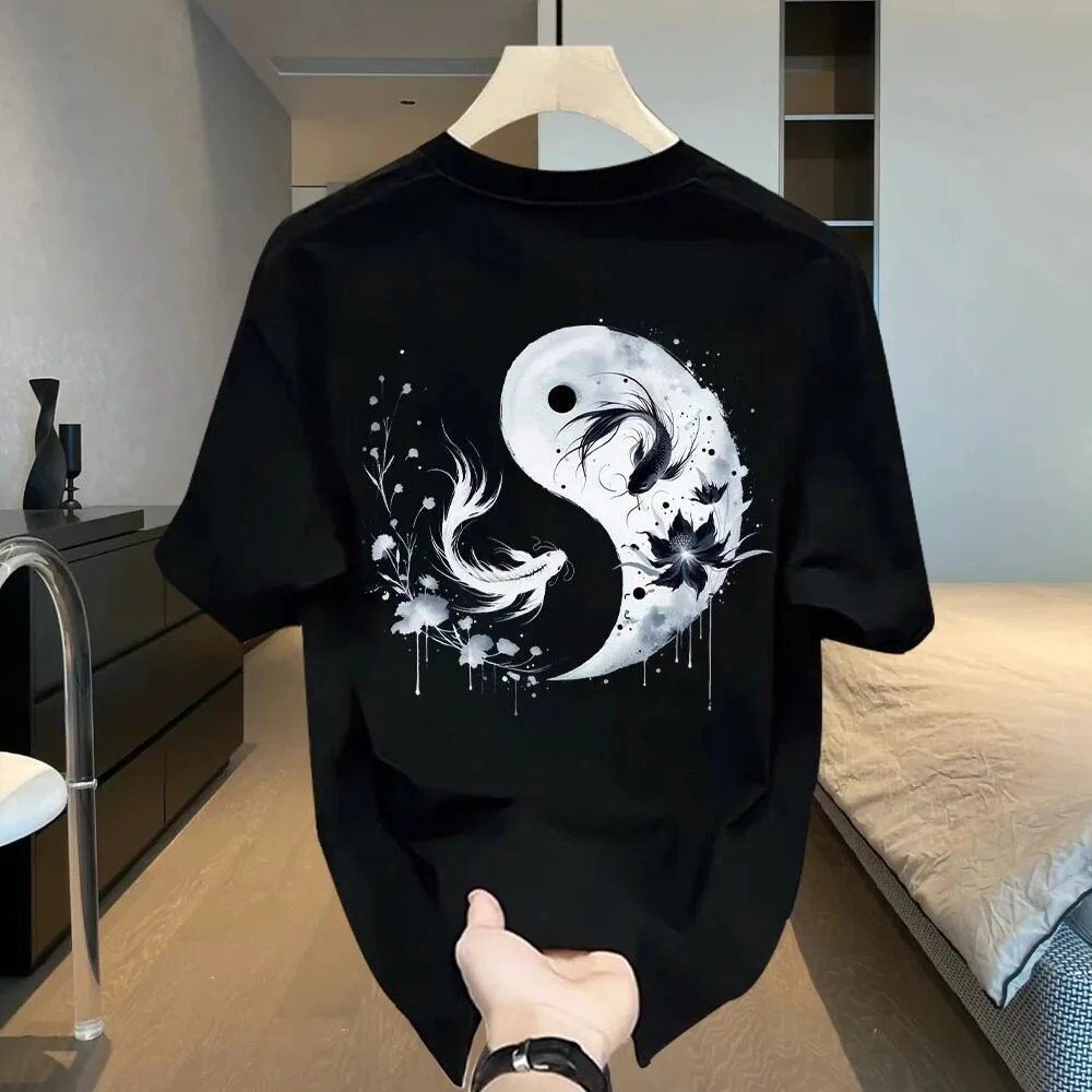 Design Yin Yang Koi Fish Graphic T-Shirt Black - 2