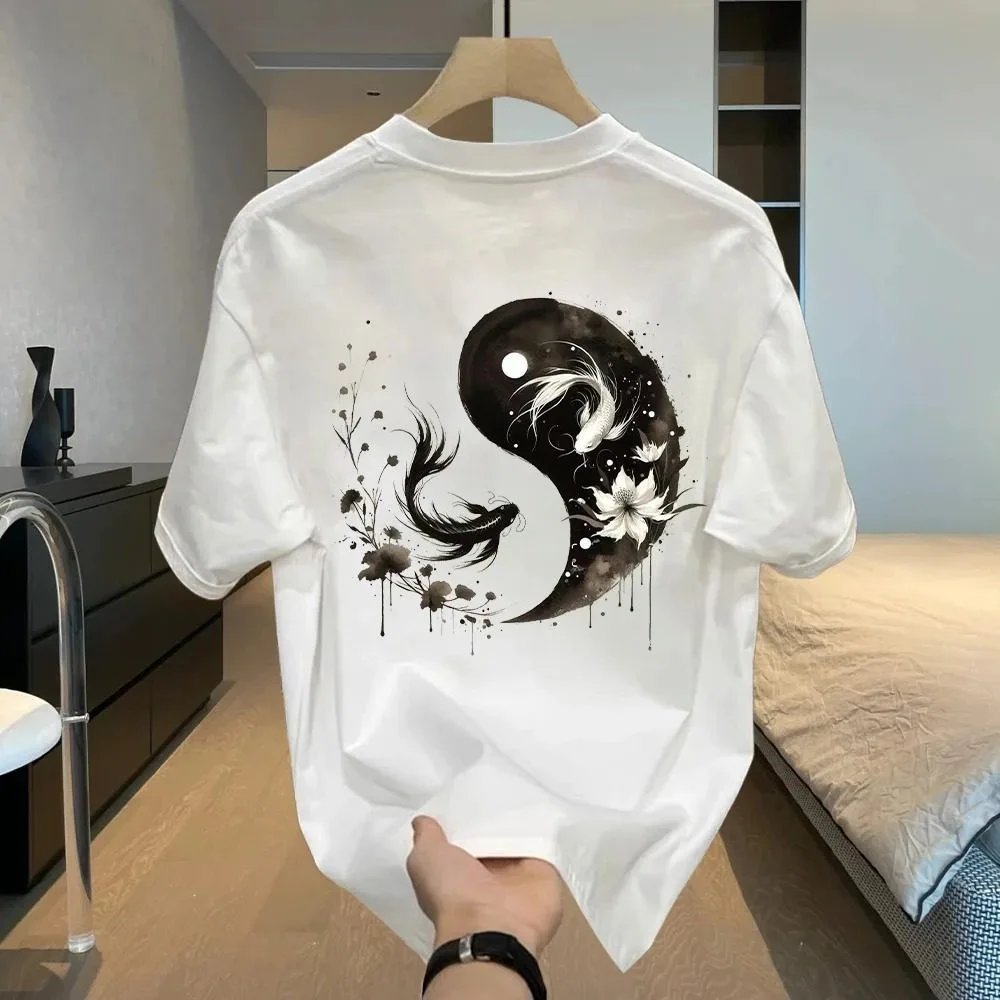 Design Yin Yang Koi Fish Graphic T-Shirt Black - 9