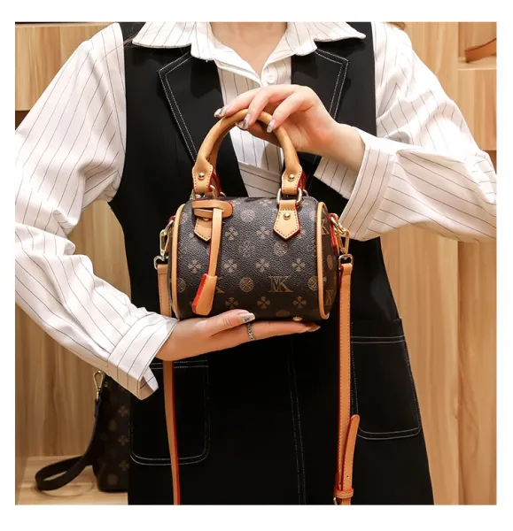 Design Boston Bag with Monogram Print Brown and Beige Handbag - 15