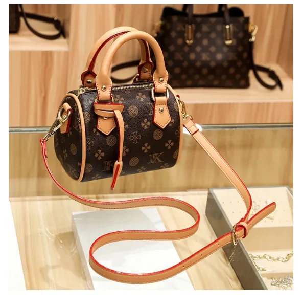Design Boston Bag with Monogram Print Brown and Beige Handbag - 31