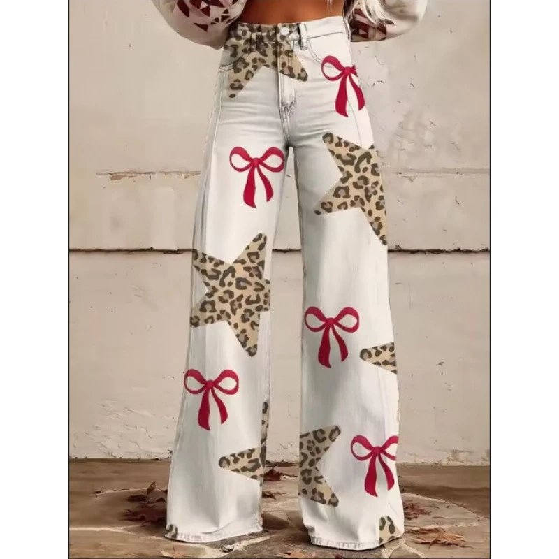 Design Wide-Leg Jeans with Leopard Stars and Red Bows White