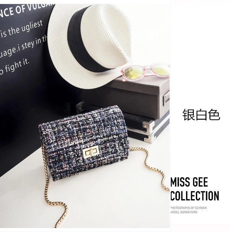 Design Tweed Chain Crossbody Bag in Black Multicolor Crossbody Bags - 12