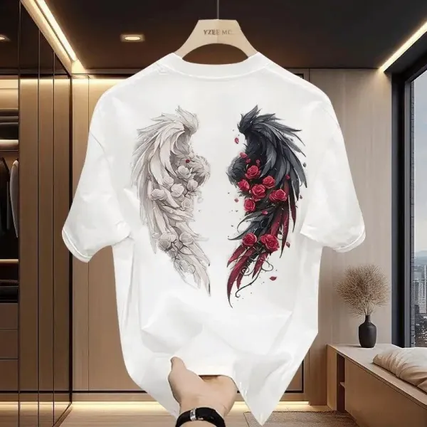 Design Angel Wings Rose Print Oversized T-Shirt White - 8