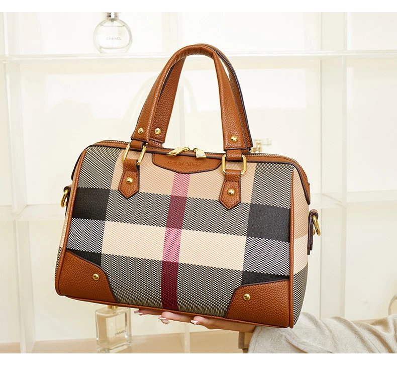 Burberry Check Print Boston Bag in Beige and Brown - 10