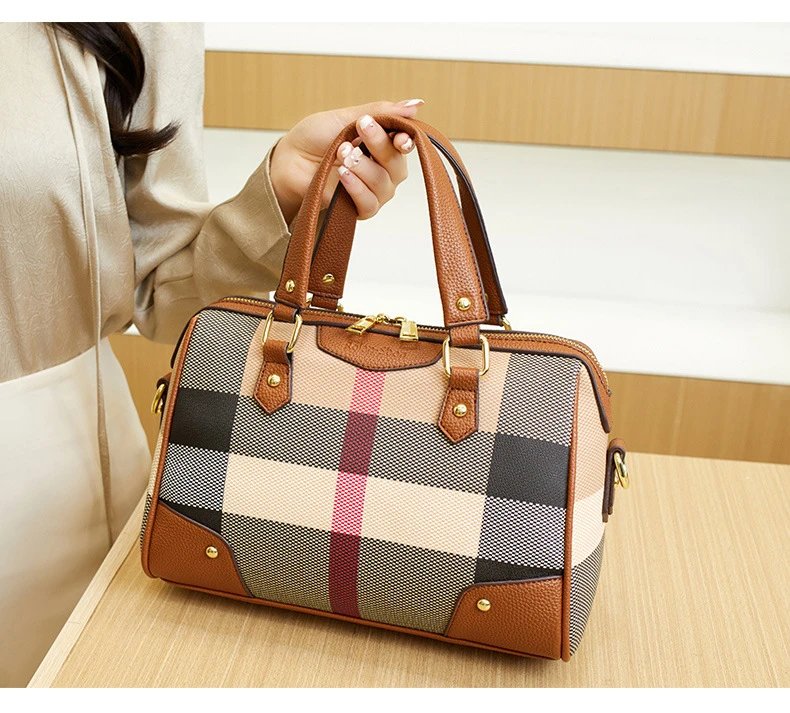 Burberry Check Print Boston Bag in Beige and Brown - 12